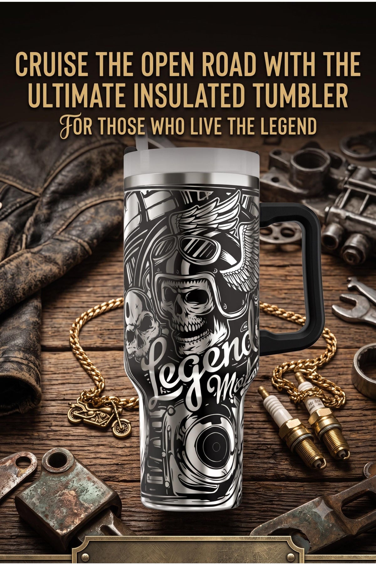 Motorcycle Tumbler – 40oz Insulated Steel Biker Legend Design