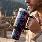 Laser Engraved Drinkware Fantasy Castle Scene Insulated Tumbler 40oz Travel Mug Stainless Steel Construction Intricate Elven City Design Medieval Artwork Perfect Birthday Gift For Fans Double Wall Insulation Daily Use Cup Commuter Essential