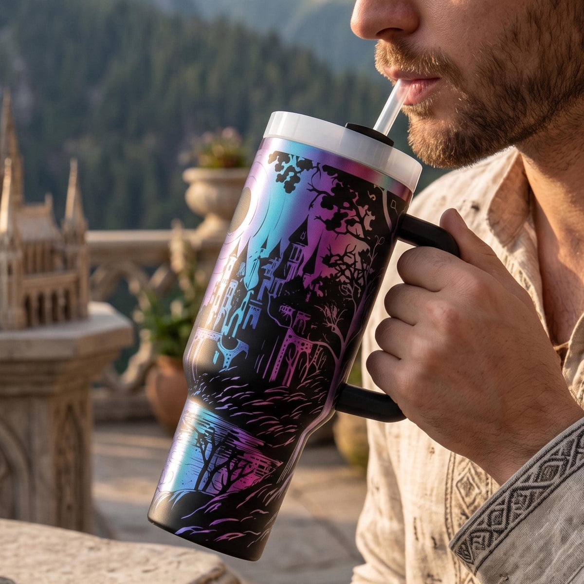 Laser Engraved Drinkware Fantasy Castle Scene Insulated Tumbler 40oz Travel Mug Stainless Steel Construction Intricate Elven City Design Medieval Artwork Perfect Birthday Gift For Fans Double Wall Insulation Daily Use Cup Commuter Essential