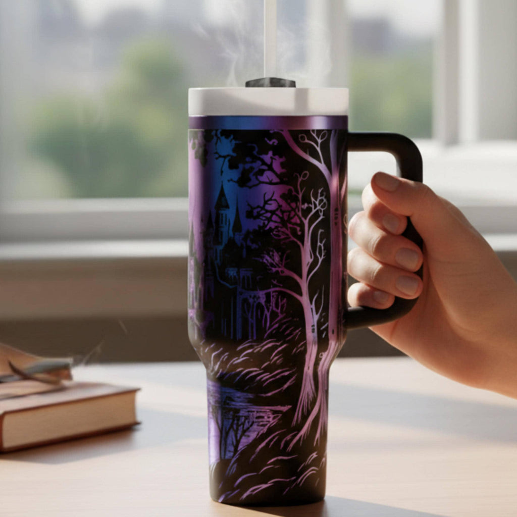 Stainless Steel Tumbler Fantasy Castle Laser Engraved Design Insulated Travel Mug 40oz Drinkware Medieval Elven City Artwork Perfect Birthday Gift Idea Double Wall Insulation Keeps Drinks Cold Hot Daily Commuter Cup Gaming Session Essential