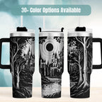 Fantasy Tumbler Gift Laser Engraved Castle Design 40oz Insulated Drinkware Perfect For LOTR Enthusiasts Stainless Steel Construction Double Wall Insulation Keeps Beverages Hot Cold Elven City Artwork Mystical Realm Scene Moon Trees Details
