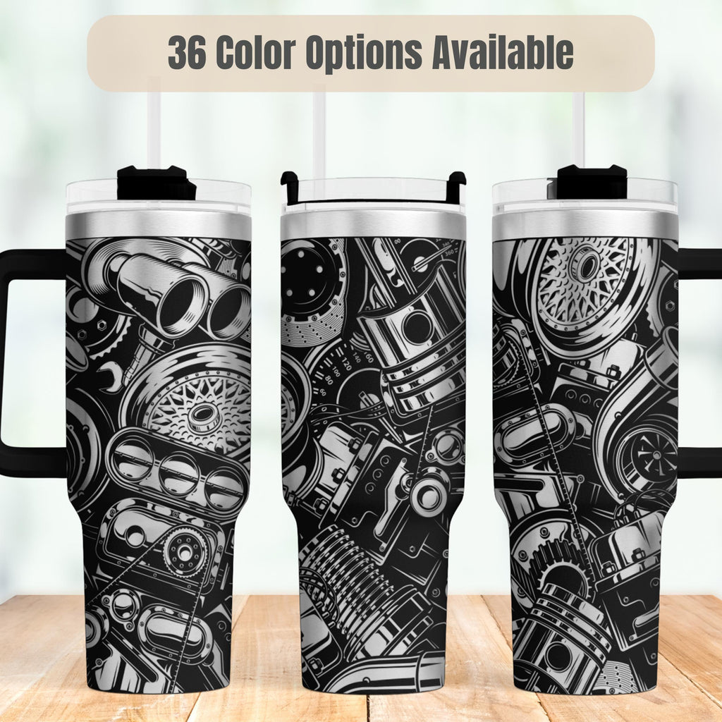 Mechanic Gift Tumbler 40oz Insulated Stainless Steel Cup Hot Rod Design Car Enthusiast Present Automotive Lover Drinkware Laser Engraved Car Parts Graphics Perfect Birthday Gift Father Day Present Gearhead Collectible Workshop Essential