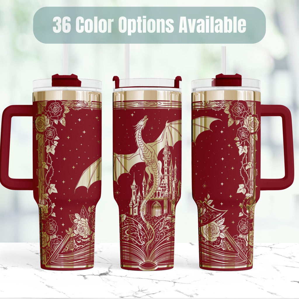Dragon Tumbler 40oz Insulated Stainless Steel Double Wall Construction Keeps Drinks Hot Cold Travel Mug With Handle Fantasy Castle Design Burgundy Background Starry Night Artwork Perfect Bookish Reader Gift Dragon Lover Present Medieval