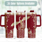 Dragon Tumbler 40oz Insulated Stainless Steel Double Wall Construction Keeps Drinks Hot Cold Travel Mug With Handle Fantasy Castle Design Burgundy Background Starry Night Artwork Perfect Bookish Reader Gift Dragon Lover Present Medieval