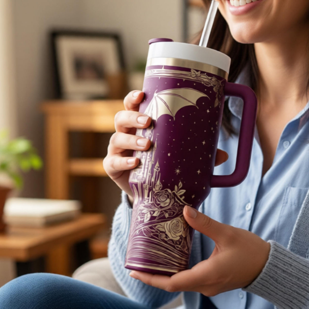 Bookish Reader Gift Dragon Tumbler 40oz Insulated With Handle Castle Fantasy Artwork Stainless Steel Double Wall Construction Burgundy Starry Night Design Perfect Dragon Lover Present Medieval Romantic Theme Travel Mug Keeps Drinks Hot Cold