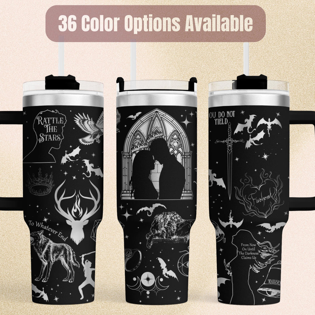 Fantasy Book Tumbler Insulated Travel Mug Stainless Steel Drinkware Double Walled Construction Keeps Beverages Hot Cold Character Inspired Artwork Fantasy Literature Design Book Quote Details Perfect Reading Companion Daily Commute