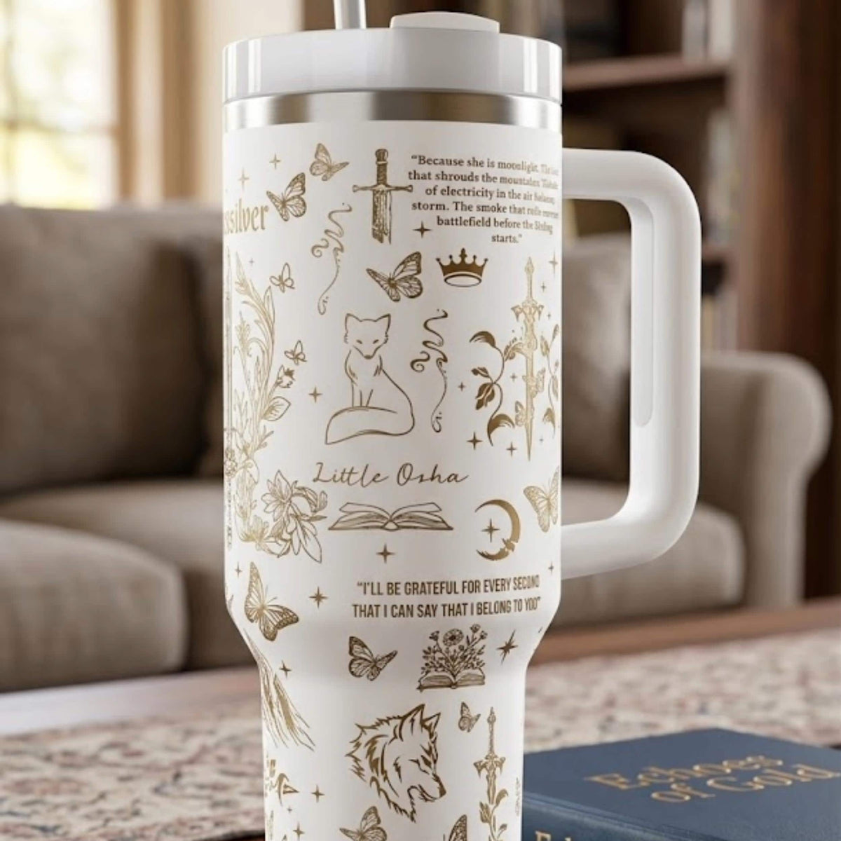 Insulated Stainless Steel Tumbler Fantasy Book Design Double Wall Temperature Control Keeps Drinks Hot Cold Reader Gift Butterfly Moon Sword Motif Romantasy Literature Inspired Bookish Drinkware Large Capacity Travel Friendly Book Lover