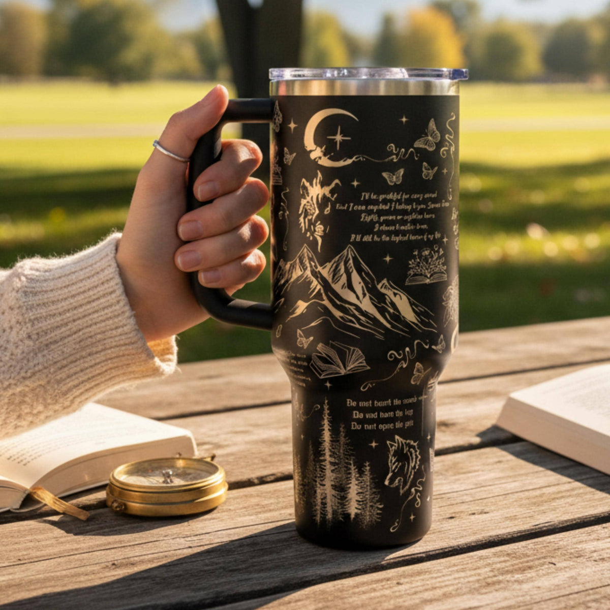 Bookish Merchandise Fantasy Tumbler Stainless Steel Insulated Drinkware Reader Gift Book Lover Present Butterfly Moon Sword Design Romantasy Themed Literary Inspired Double Wall Insulation Hot Cold Beverages Large Capacity Travel Tumbler
