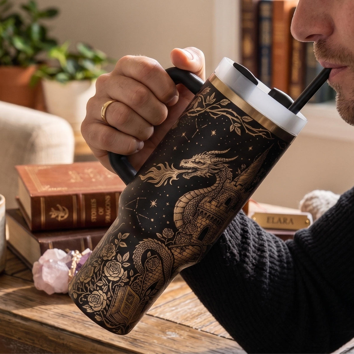 Stainless Steel Tumbler With Handle Gothic Castle Travel Mug Dragon Artwork Design Fantasy Bottle For Book Fans Insulated Cup Large Capacity Beverage Container Mythical Creature Illustration Starry Night Theme Perfect Gift For Dragon