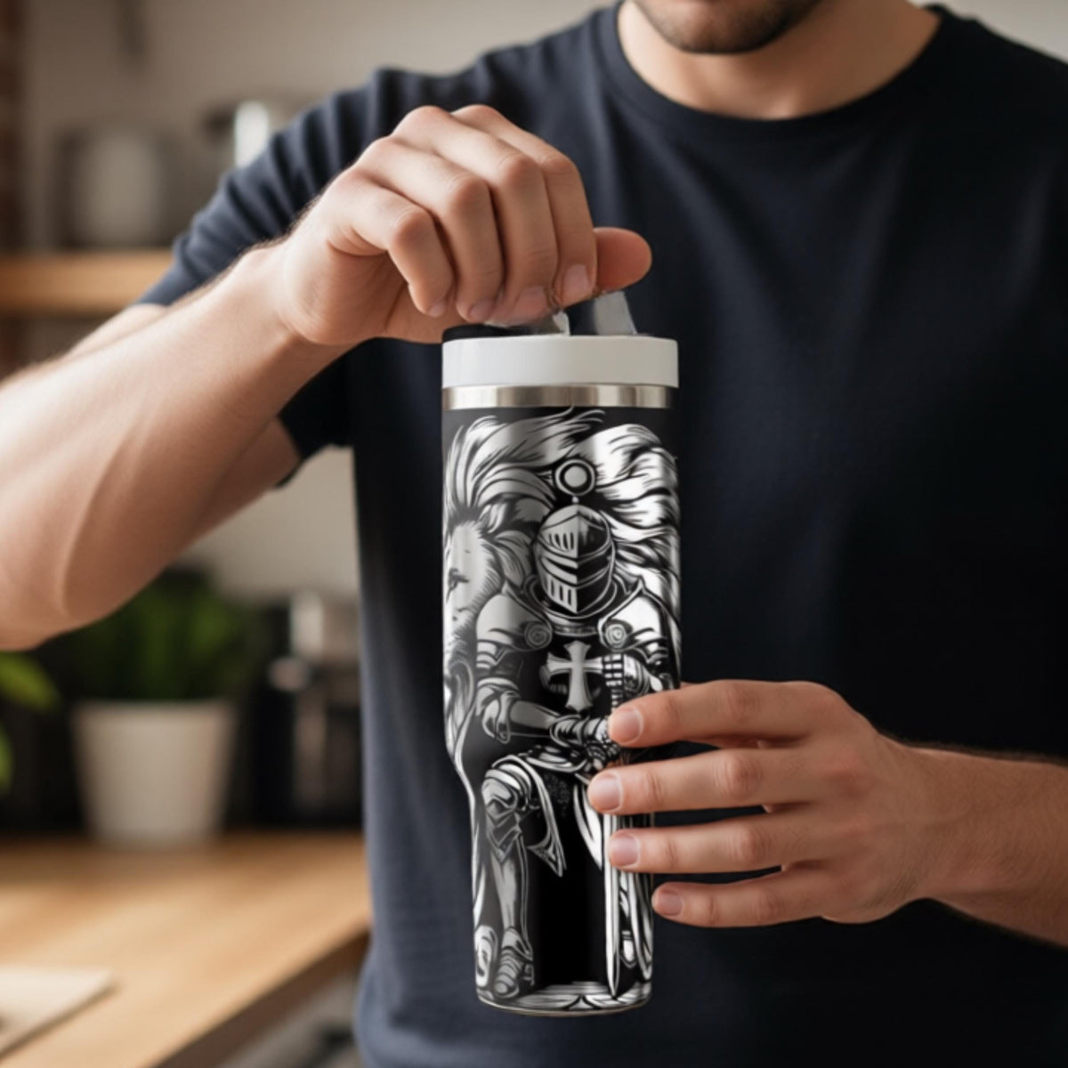 Stainless Steel Insulated Tumbler Christian Lion Design Religious Drinkware Faith Lifestyle Essential Scripture Verse Inspiration Ephesians Bible Quote Gothic Artwork Daily Devotional Use Church Community Gift Baptism Present Birthday