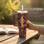 Biblical Scripture Tumbler Joshua Verse Design Lion Of Judah Christian Faith Insulated Stainless Steel Travel Mug Handled Beverage Container Religious Drinkware Spiritual Strength Encouragement Daily Inspiration Premium Quality Construction