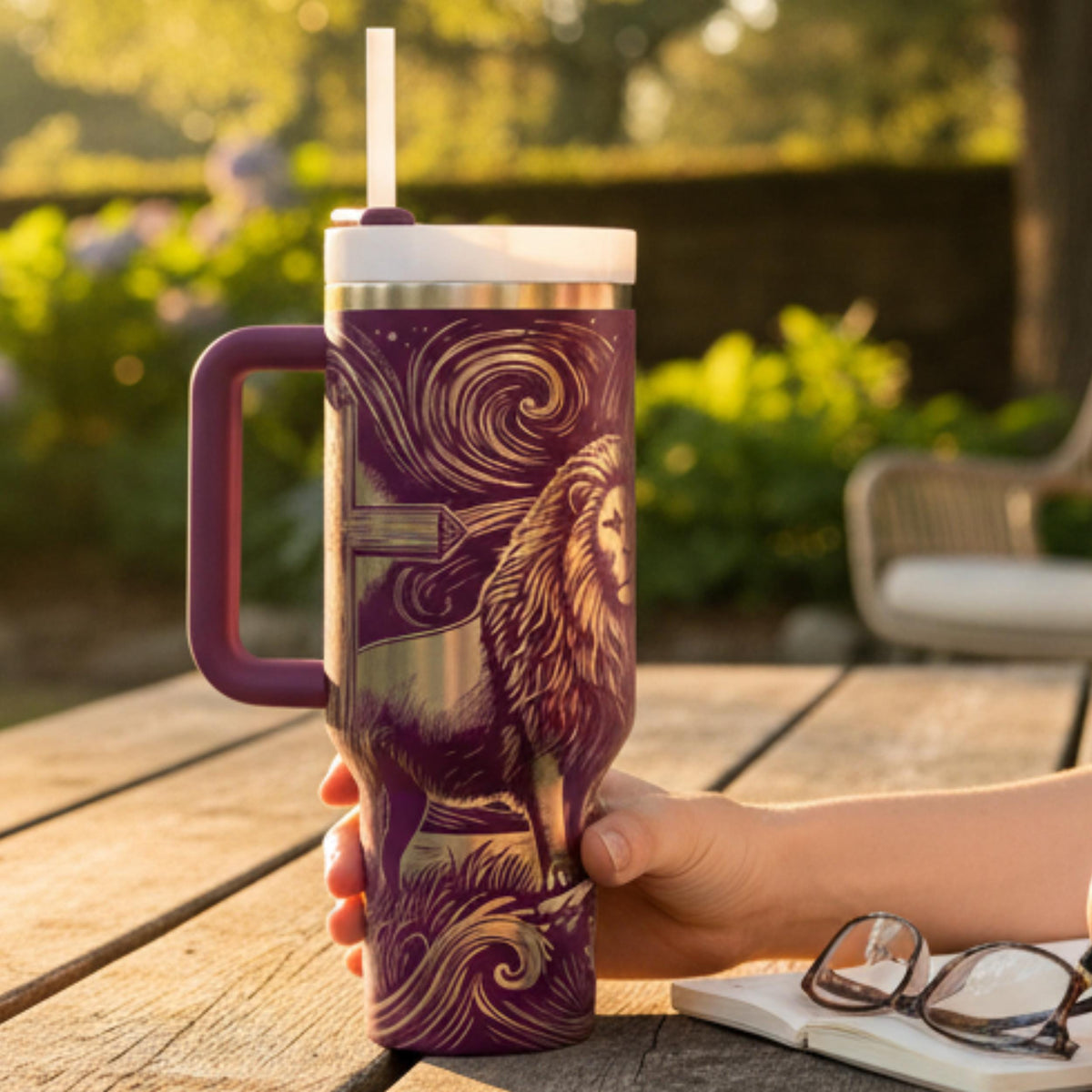 Faith Based Gift Christian Tumbler Lion Of Judah Design Joshua Scripture Verse Insulated Travel Mug Stainless Steel Construction Handled Religious Drinkware Spiritual Encouragement Daily Inspiration Biblical Artwork Navy Blue Gold Pattern