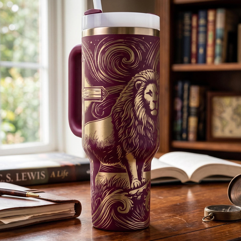 Insulated Christian Travel Mug Lion Of Judah Design Joshua Scripture Verse Stainless Steel Tumbler Handled Beverage Container Faith Based Drinkware Religious Gift Spiritual Inspiration Daily Encouragement Premium Quality Construction Navy