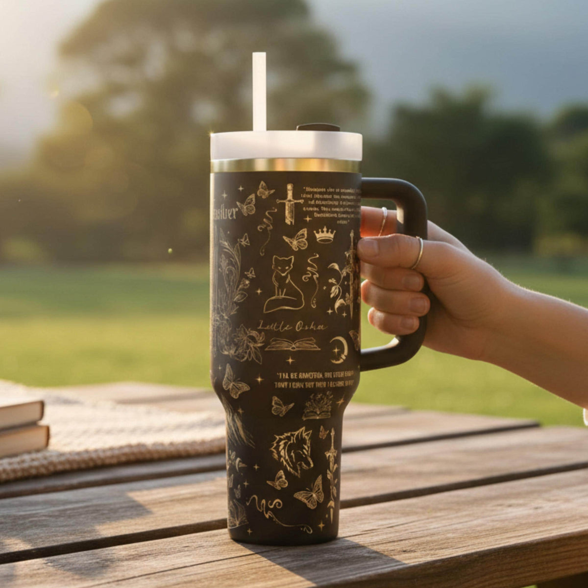 Romantasy Tumbler Insulated With Handle Book Lover Drinkware Fantasy Literature Gift Stainless Steel Construction Butterfly Moon Design Literary Themed Cup Bookish Aesthetic Present Hot Cold Drink Holder Reading Companion Tumbler Travel