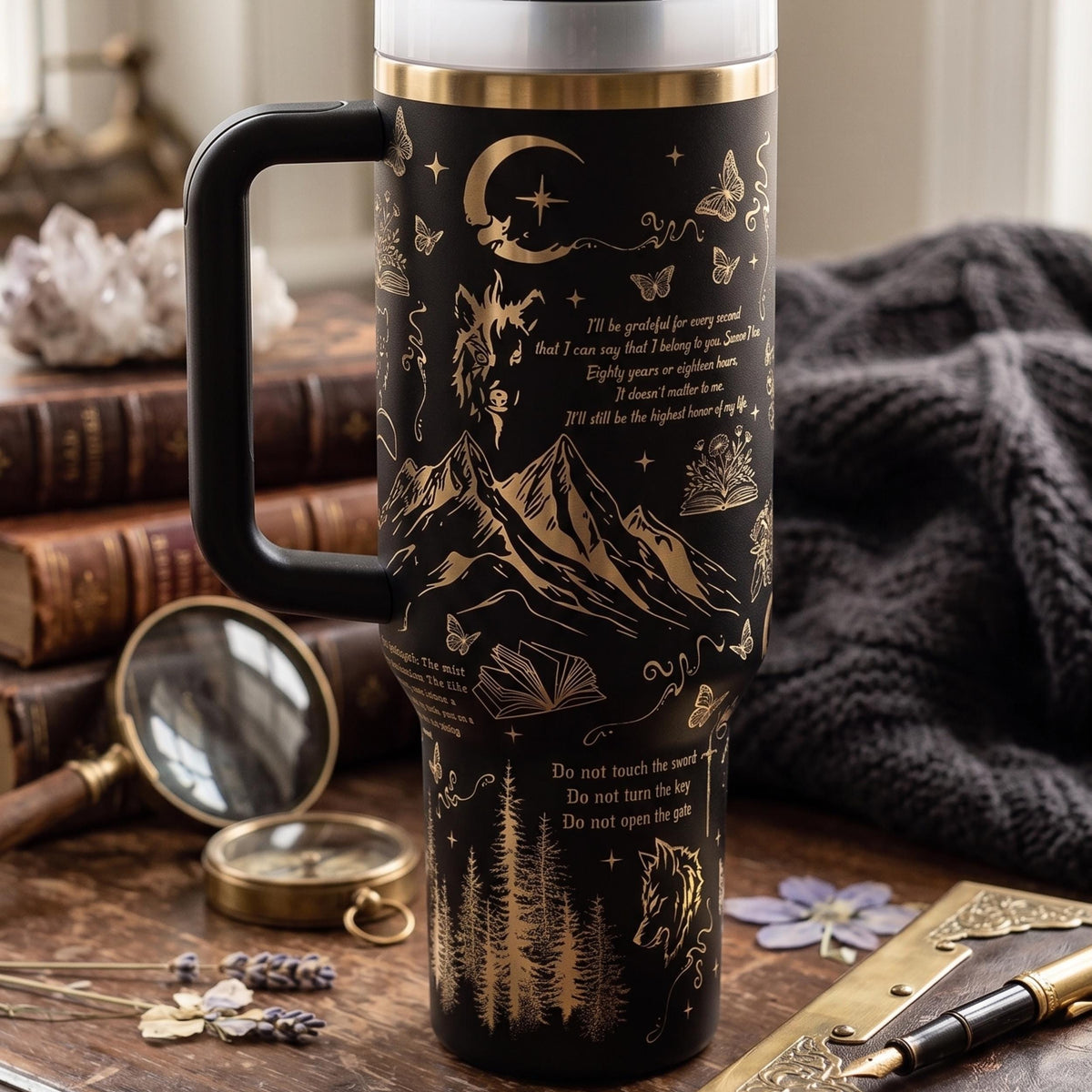 40oz Insulated Tumbler Stainless Steel Black Design Premium Insulation Hot Cold Beverages All Day Gothic Butterfly Moon Sword Motifs Perfect Fantasy Book Reader Gift Dark Academia Aesthetic Literary Fan Collection Handle Travel Drinkware