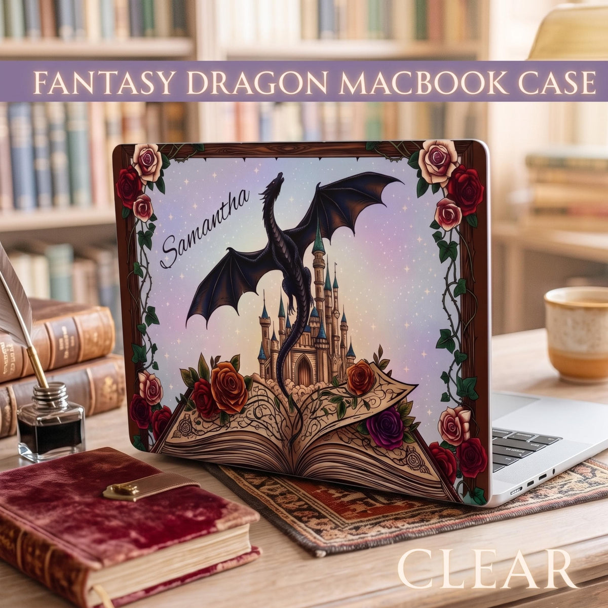 Clear MacBook Case Personalized Name Dragon Fantasy Design Custom Laptop Cover Protective Shell Gothic Theme Illustration Castle Rose Elements Transparent Computer Accessory Writer Gift Student Protection Creative Professional Tech Medieval