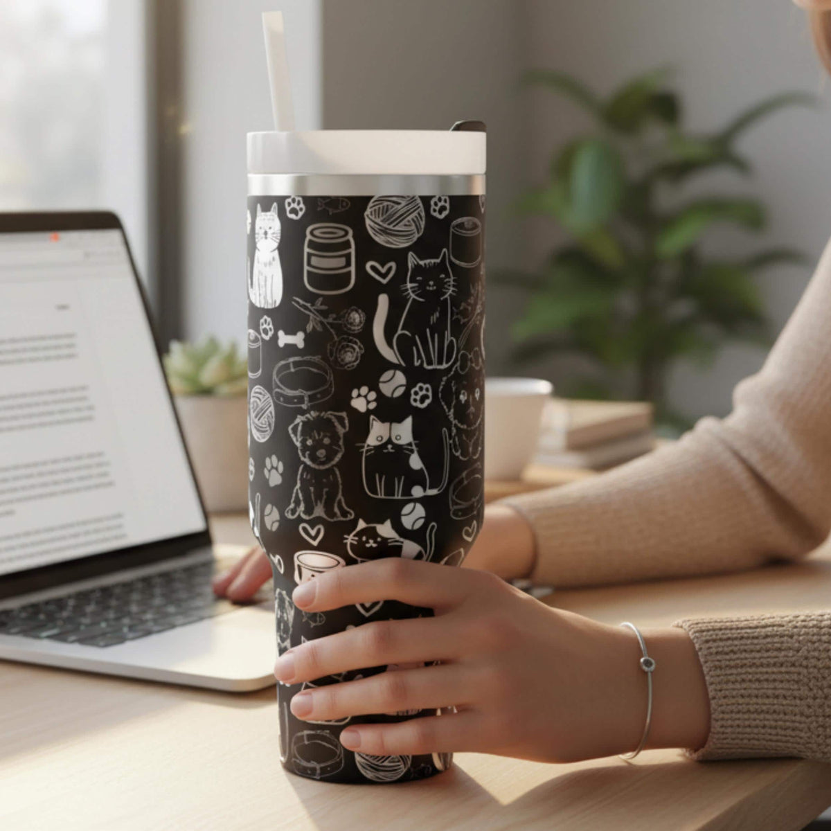 Pet Themed Tumbler Vet Tech Gift Idea Custom Cat Dog Pattern Insulated Travel Mug Stainless Steel Drinkware Veterinarian Appreciation Present Animal Lover Gift Double Wall Insulation Cold Beverage Container Hot Coffee Mug Professional Pet