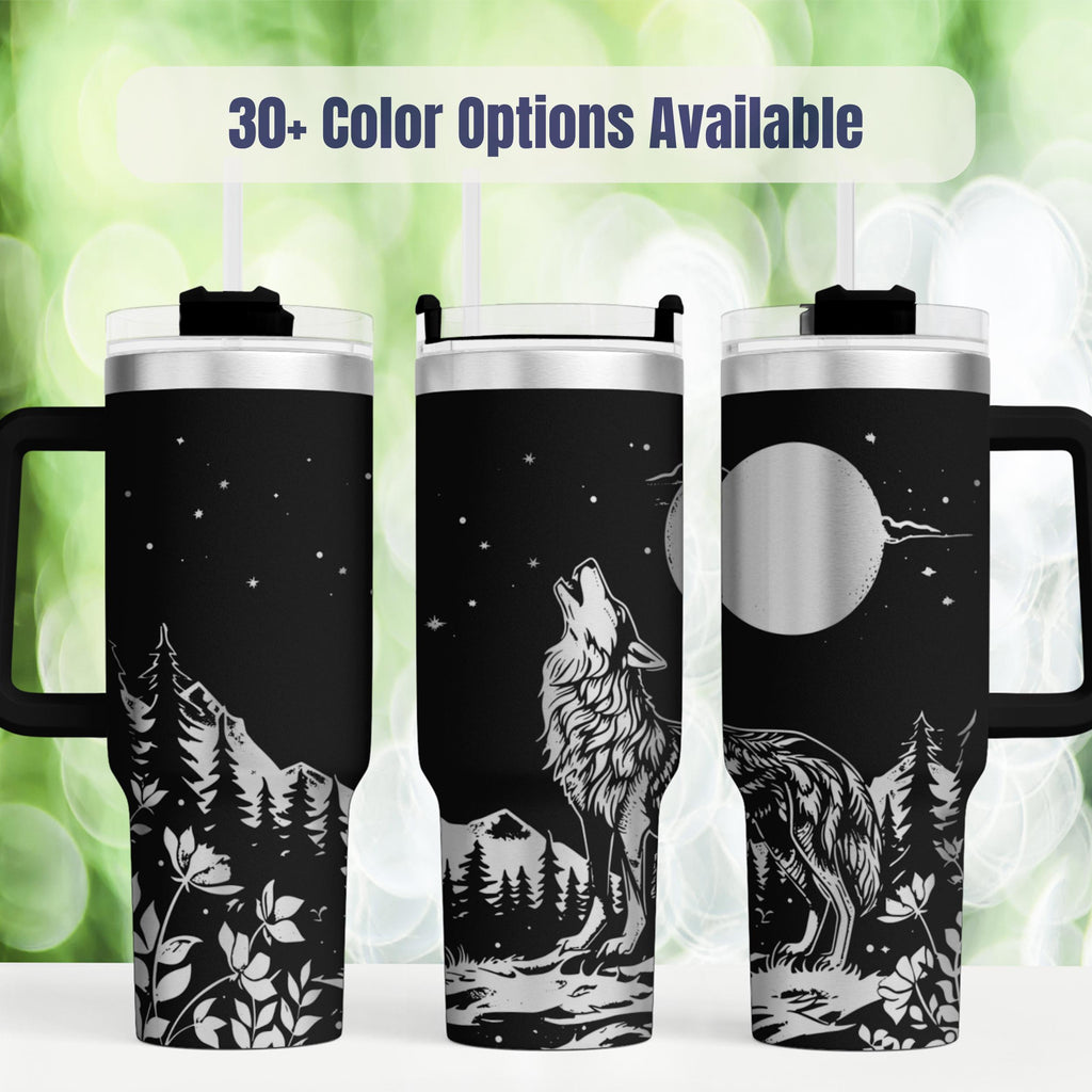 Wolf Design Wilderness Tumbler 40oz Insulated Stainless Steel Double Wall Construction Keeps Beverages Hot Cold Perfect Nature Lover Gift Outdoor Enthusiast Present Forest Scenery Moon Stars Howling Wolf Artwork Travel Mug Large Capacity
