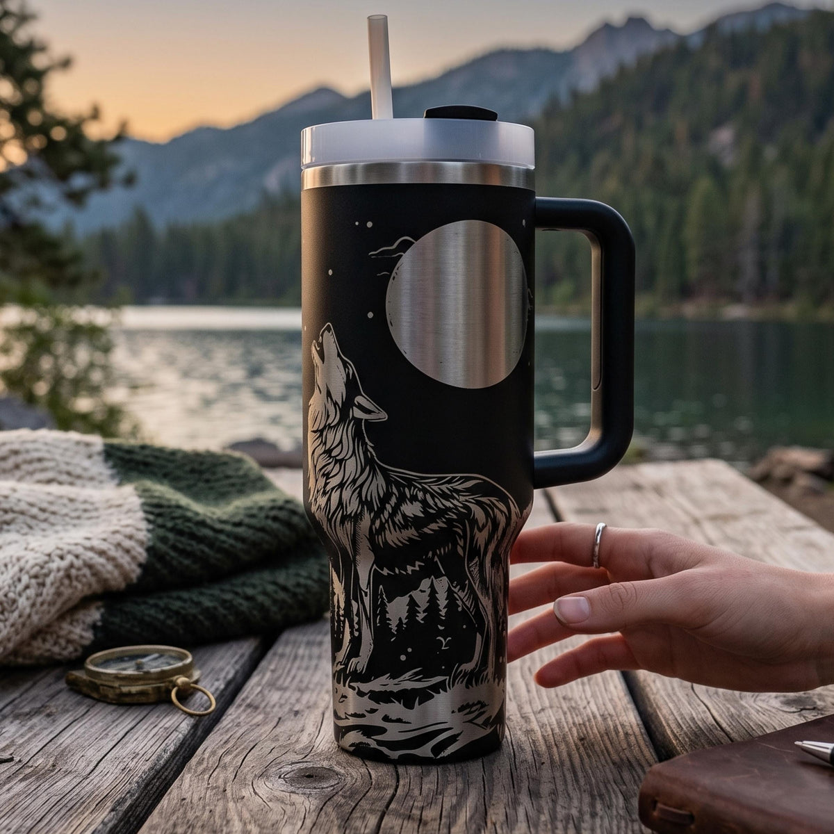 Nature Lover Gift Wolf Tumbler Wilderness Theme 40oz Insulated Travel Mug Forest Scenery Howling Wolf Moon Stars Artwork Stainless Steel Double Wall Construction Outdoor Enthusiast Drinkware Camping Adventure Essential Large Capacity