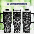 Laser Engraved Owl Tumbler Stainless Steel Insulated Travel Mug 40 Ounce Capacity Botanical Floral Design Nature Inspired Wildlife Artwork Perfect Bird Watcher Gift Outdoor Adventure Companion Double Wall Vacuum Insulation Temperature