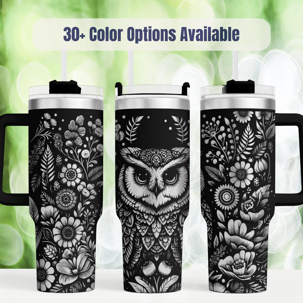 Laser Engraved Owl Tumbler Stainless Steel Insulated Travel Mug 40 Ounce Capacity Botanical Floral Design Nature Inspired Wildlife Artwork Perfect Bird Watcher Gift Outdoor Adventure Companion Double Wall Vacuum Insulation Temperature