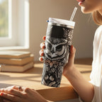 Premium Laser Engraved Drinkware Owl Botanical Design Stainless Steel Insulated Tumbler 40 Ounce Travel Mug Bird Watcher Essential Nature Inspired Floral Artwork Wildlife Theme Double Wall Vacuum Insulation Outdoor Adventure Companion