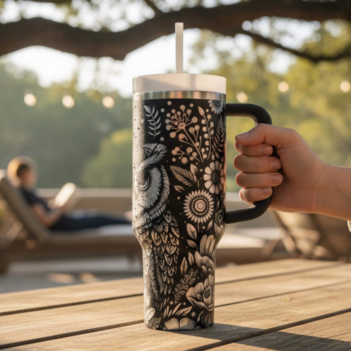 Wildlife Enthusiast Drinkware Laser Engraved Owl Design Stainless Steel Insulated Tumbler 40 Ounce Capacity Nature Inspired Botanical Floral Artwork Bird Watcher Gift Perfect Outdoor Adventure Travel Mug Double Wall Vacuum Insulation
