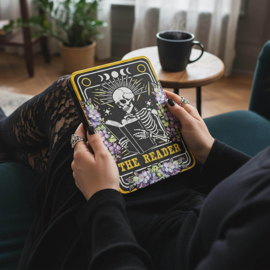 Witchy Kindle Cover Skeleton Tarot Card Design Gothic Reader Protection Paperwhite Case Seven Inch Device Dark Academia Book Aesthetic Mystical Skeleton Reader Theme Magnetic Lid Closure PU Leather Construction Bookish Gift Idea Gothic