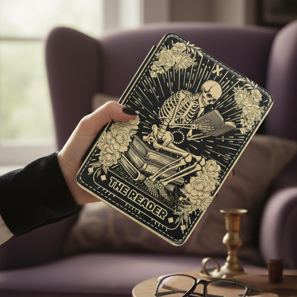 Tarot Skeleton Design Kindle Case Gothic Paperwhite Cover Dark Academia Reader Protection Witchy Book Lover Aesthetic Mystical Skeleton Art Theme Magnetic Secure Closure Seven Inch Device Fit PU Leather Material Construction Bookish Gothic