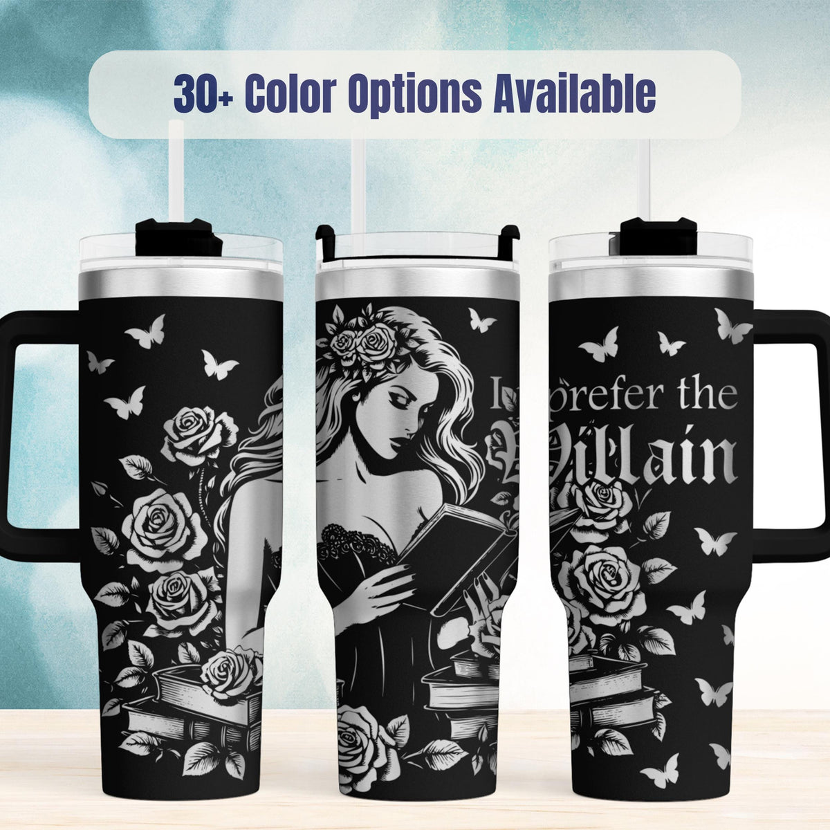 BookTok Tumbler 40oz Insulated Stainless Steel Construction Gothic Black Rose Butterfly Design Woman Reading Book Illustration Villain Romance Theme Perfect Reader Gift Dark Romance Fan Essential Daily Beverage Container Temperature Control