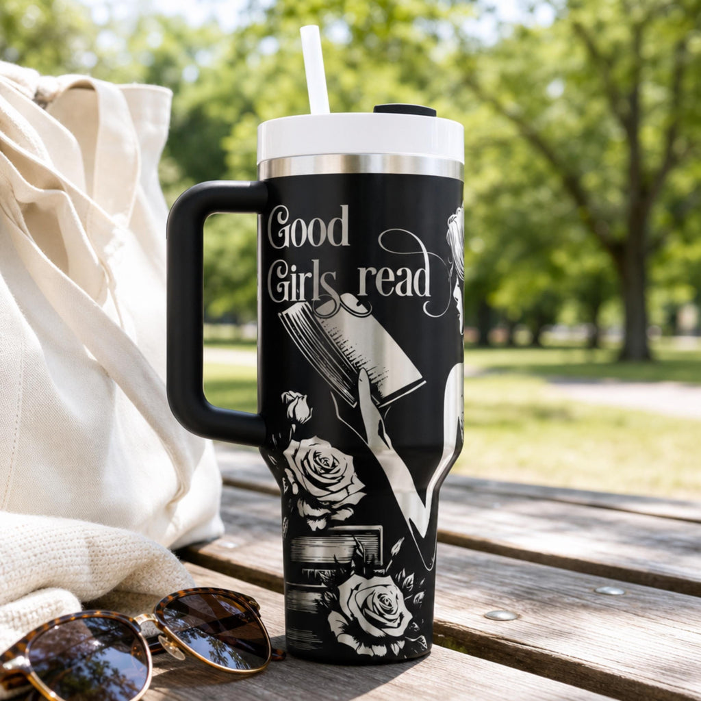 Insulated Book Lover Tumbler Gothic Design Dark Romance Reader Essential Forty Ounce Stainless Steel Drinkware Double Walled Temperature Control Fantasy Enthusiast Gift Romantasy Themed Beverage Container Leak Resistant Secure Lid Premium