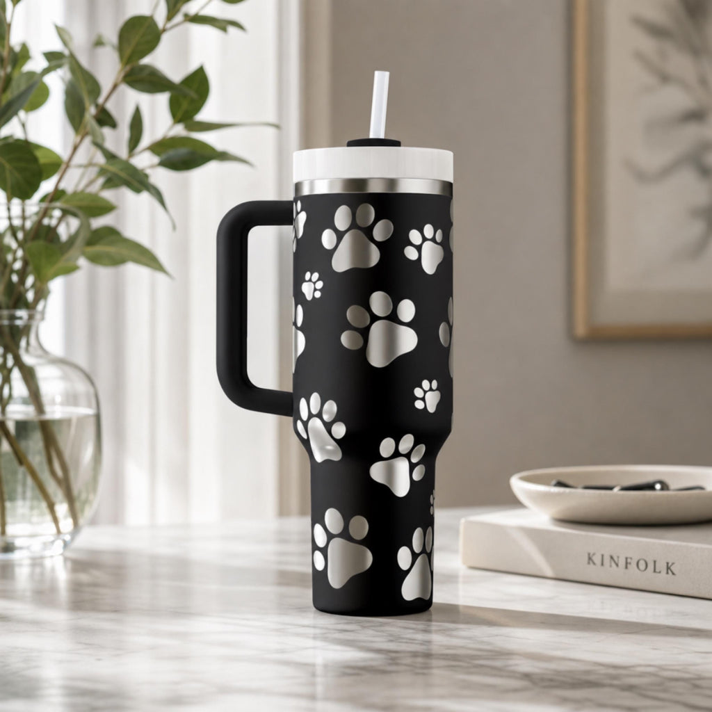 Dog Lover Gift Tumbler Paw Print Pattern Design 40oz Stainless Steel Insulated With Handle Double Wall Construction Hot Cold Drink Container Pet Owner Present Travel Companion Drinkware Veterinarian Appreciation Gift Animal Shelter Worker