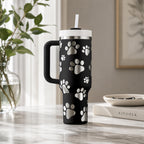 Dog Lover Gift Tumbler Paw Print Pattern Design 40oz Stainless Steel Insulated With Handle Double Wall Construction Hot Cold Drink Container Pet Owner Present Travel Companion Drinkware Veterinarian Appreciation Gift Animal Shelter Worker