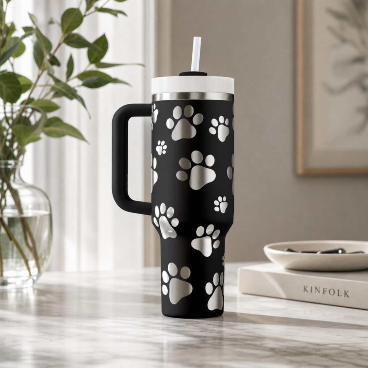 Dog Lover Gift Tumbler Paw Print Pattern Design 40oz Stainless Steel Insulated With Handle Double Wall Construction Hot Cold Drink Container Pet Owner Present Travel Companion Drinkware Veterinarian Appreciation Gift Animal Shelter Worker