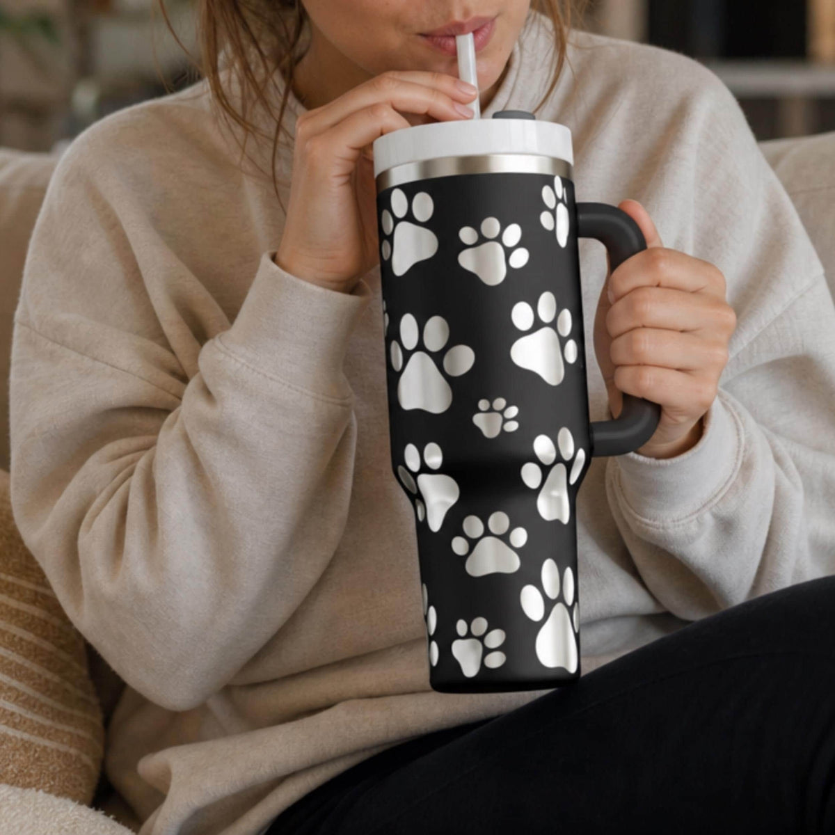Pet Themed Tumbler Stainless Steel 40oz Insulated With Handle Paw Print Design Dog Lover Drinkware Double Wall Construction Travel Companion Hot Cold Beverage Container Animal Enthusiast Gift Pet Parent Present Cup Holder Compatible Outdoor