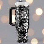 40oz Insulated Tumbler With Handle Rose Pattern Travel Mug Stainless Steel Double Wall Construction Floral Design Drinkware Botanical Gift For Nature Lovers Elegant Burgundy Gold Laser Engraved Artwork Temperature Control Perfect Daily