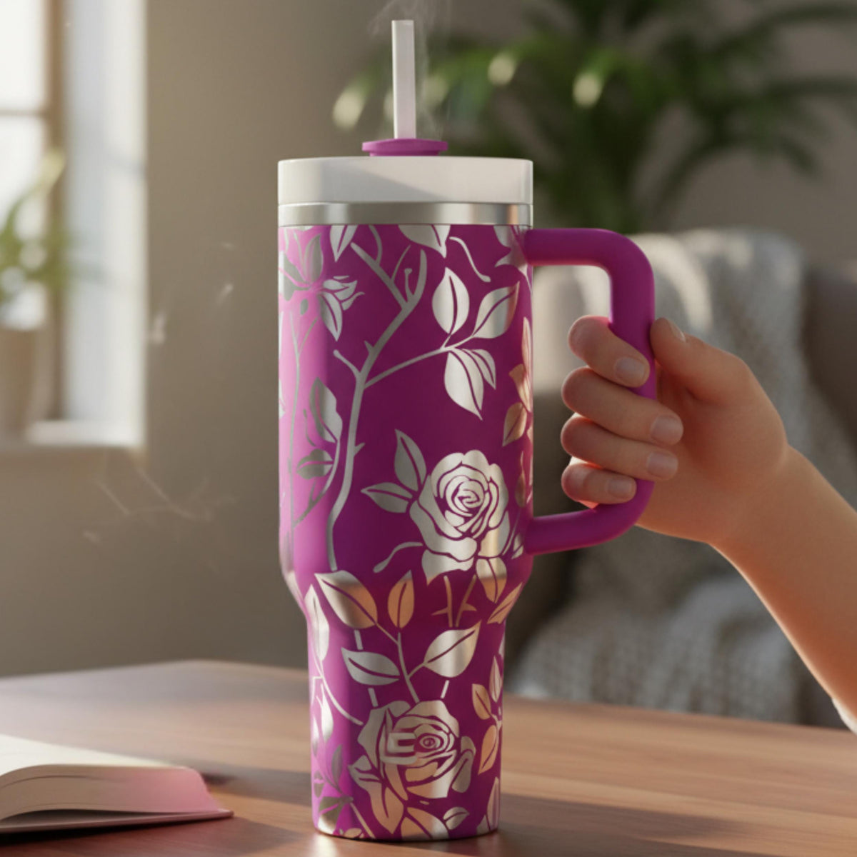 Insulated Travel Tumbler With Handle Stainless Steel Rose Design 40oz Capacity Double Wall Temperature Retention Floral Pattern Drinkware Botanical Gift For Nature Lovers Elegant Burgundy Gold Artwork Laser Engraved Details Perfect Commuter