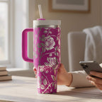 Stainless Steel Insulated Tumbler Rose Floral Design 40oz Travel Mug With Handle Double Wall Construction Temperature Control Perfect Botanical Gift Elegant Burgundy Gold Pattern Laser Engraved Artwork Nature Lover Drinkware Daily Hydration