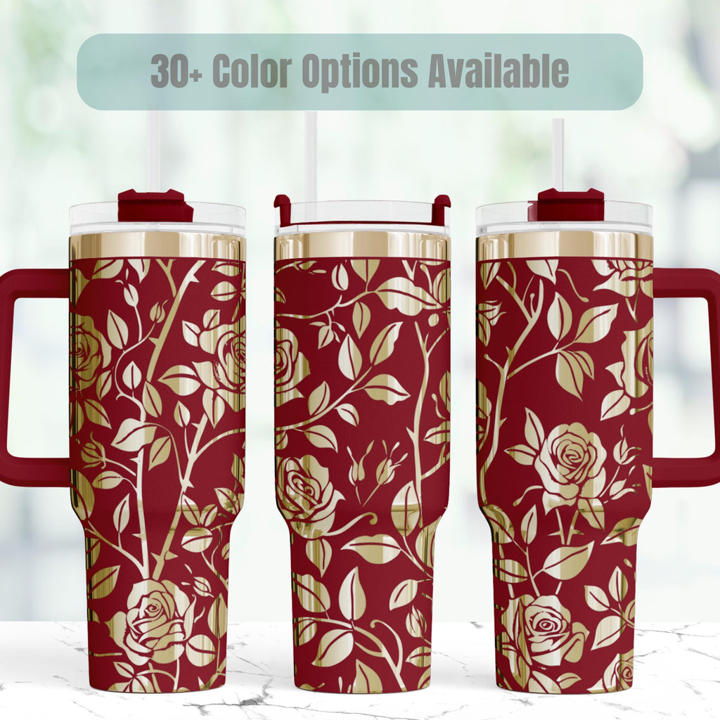 Rose Pattern Tumbler Insulated Stainless Steel Travel Mug With Handle 40oz Capacity Double Wall Construction Keeps Beverages Hot Cold Perfect Gift For Flower Lovers Botanical Design Elegant Floral Artwork Laser Engraved Details Burgundy