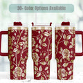 Rose Pattern Tumbler Insulated Stainless Steel Travel Mug With Handle 40oz Capacity Double Wall Construction Keeps Beverages Hot Cold Perfect Gift For Flower Lovers Botanical Design Elegant Floral Artwork Laser Engraved Details Burgundy