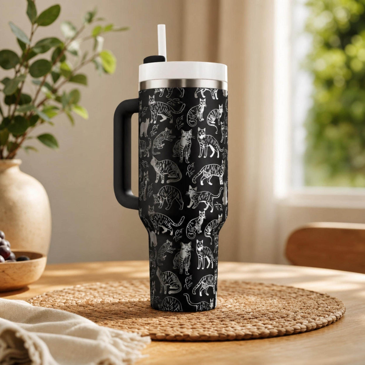 Stainless Steel Cat Tumbler 40oz Large Capacity Insulated Travel Mug With Handle Black White Feline Pattern Design Double Wall Construction Temperature Controlled Beverage Container Cat Lover Gift Pet Theme Drinkware Hot Coffee Cold Water