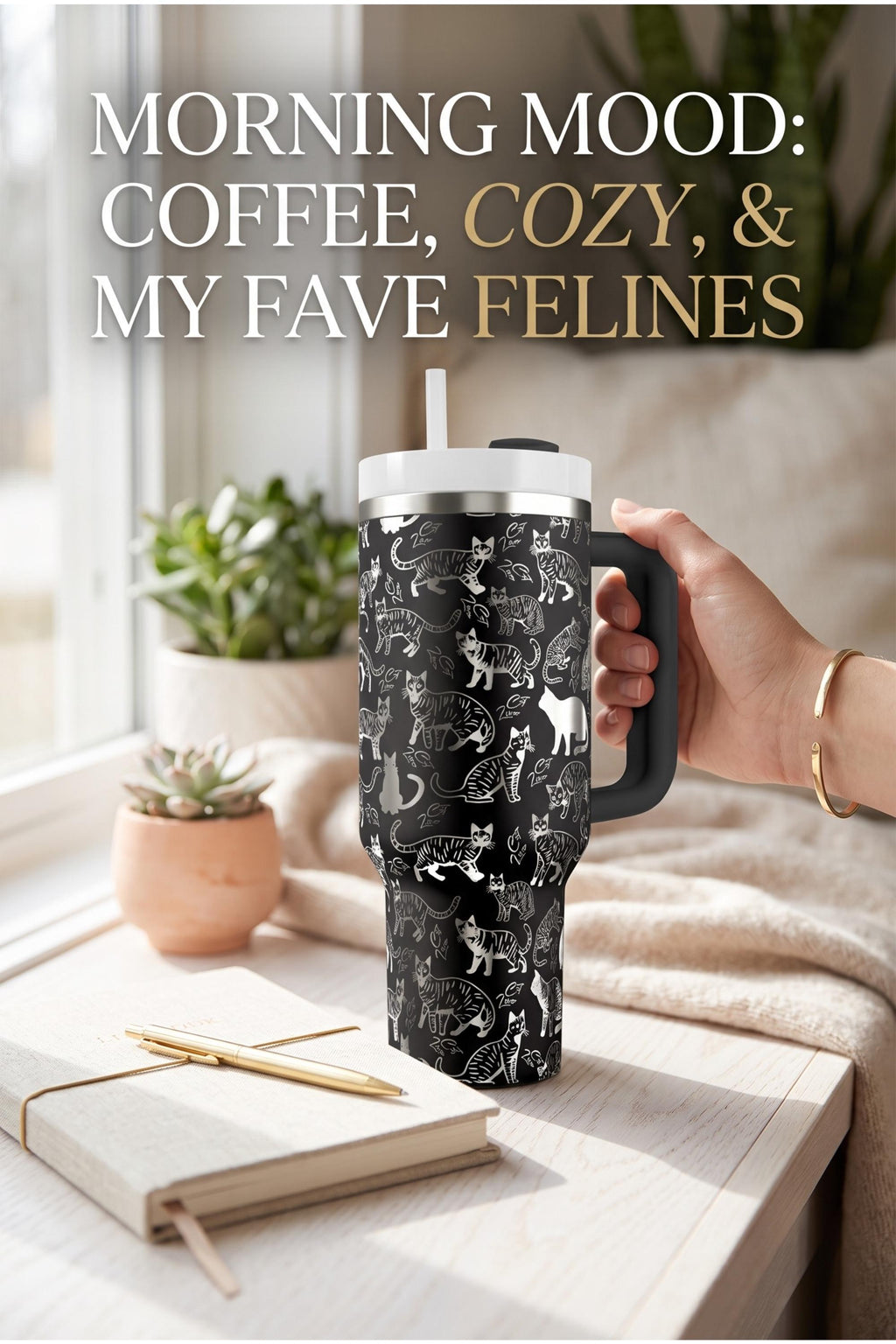 Cat Tumbler with Handle – 40oz Insulated Black White Pattern
