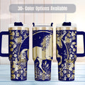 Unicorn Tumbler 40oz Insulated Travel Mug Perfect Birthday Gift Valentine Day Present Women Fantasy Lover Magical Drinkware Collection Laser Engraved Design Botanical Floral Pattern Celestial Moon Star Accents Navy Blue Gold Cream Stainless