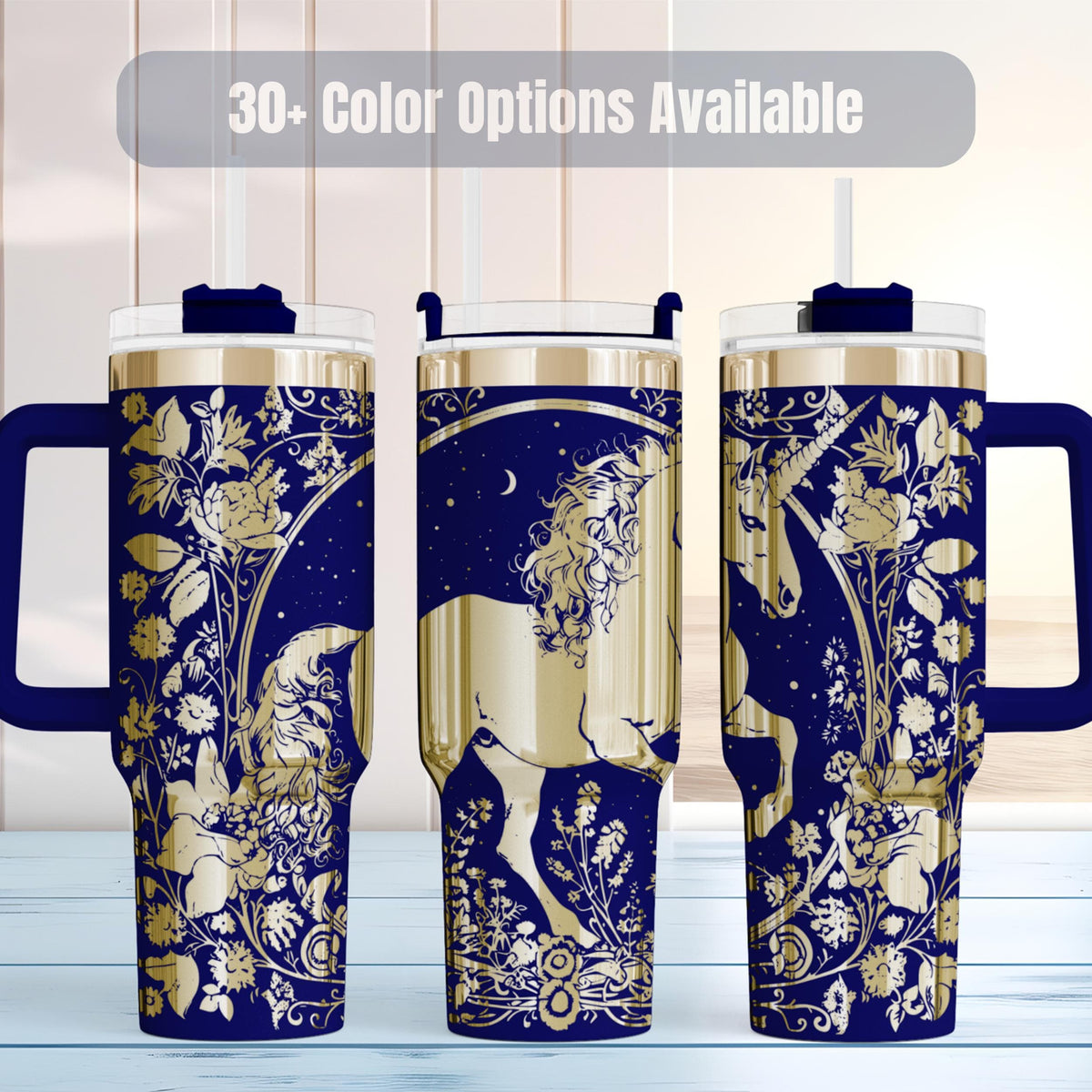 Unicorn Tumbler 40oz Insulated Travel Mug Perfect Birthday Gift Valentine Day Present Women Fantasy Lover Magical Drinkware Collection Laser Engraved Design Botanical Floral Pattern Celestial Moon Star Accents Navy Blue Gold Cream Stainless