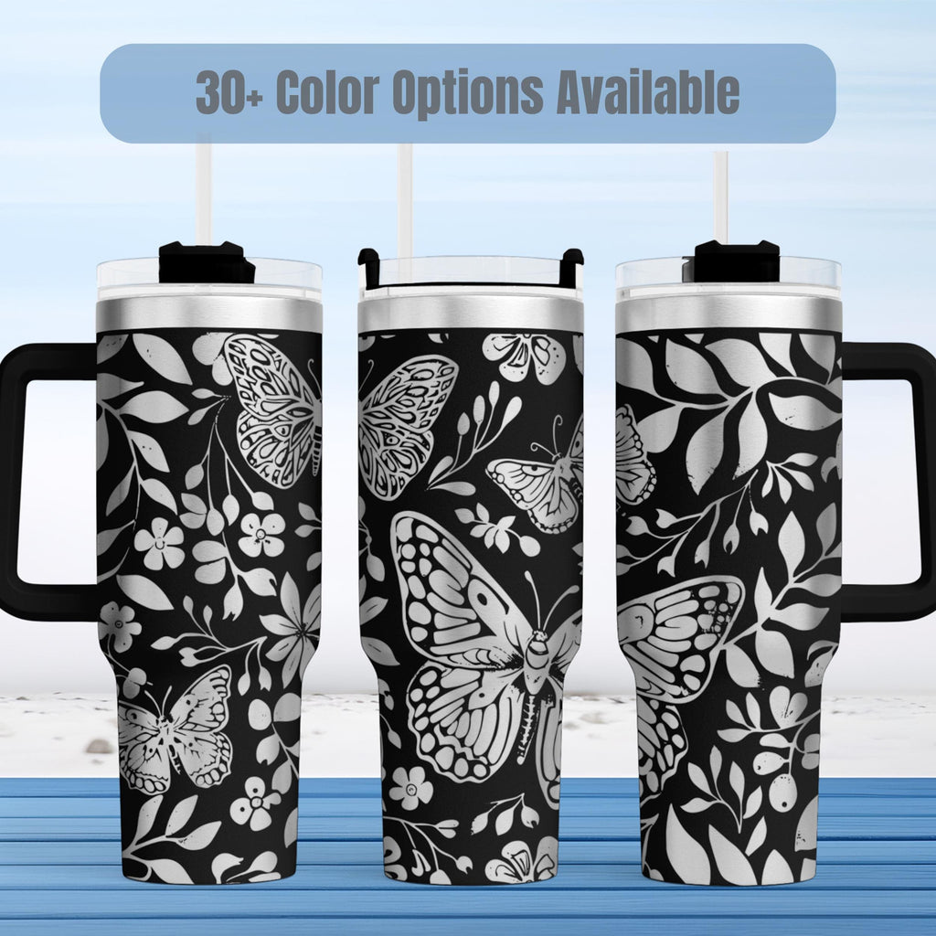Insulated Butterfly Tumbler 40oz Stainless Steel Travel Mug Large Capacity Beverage Container Laser Engraved Nature Design Double Wall Insulation Keeps Drinks Hot Cold Perfect Outdoor Adventure Essential Daily Hydration Solution Leak