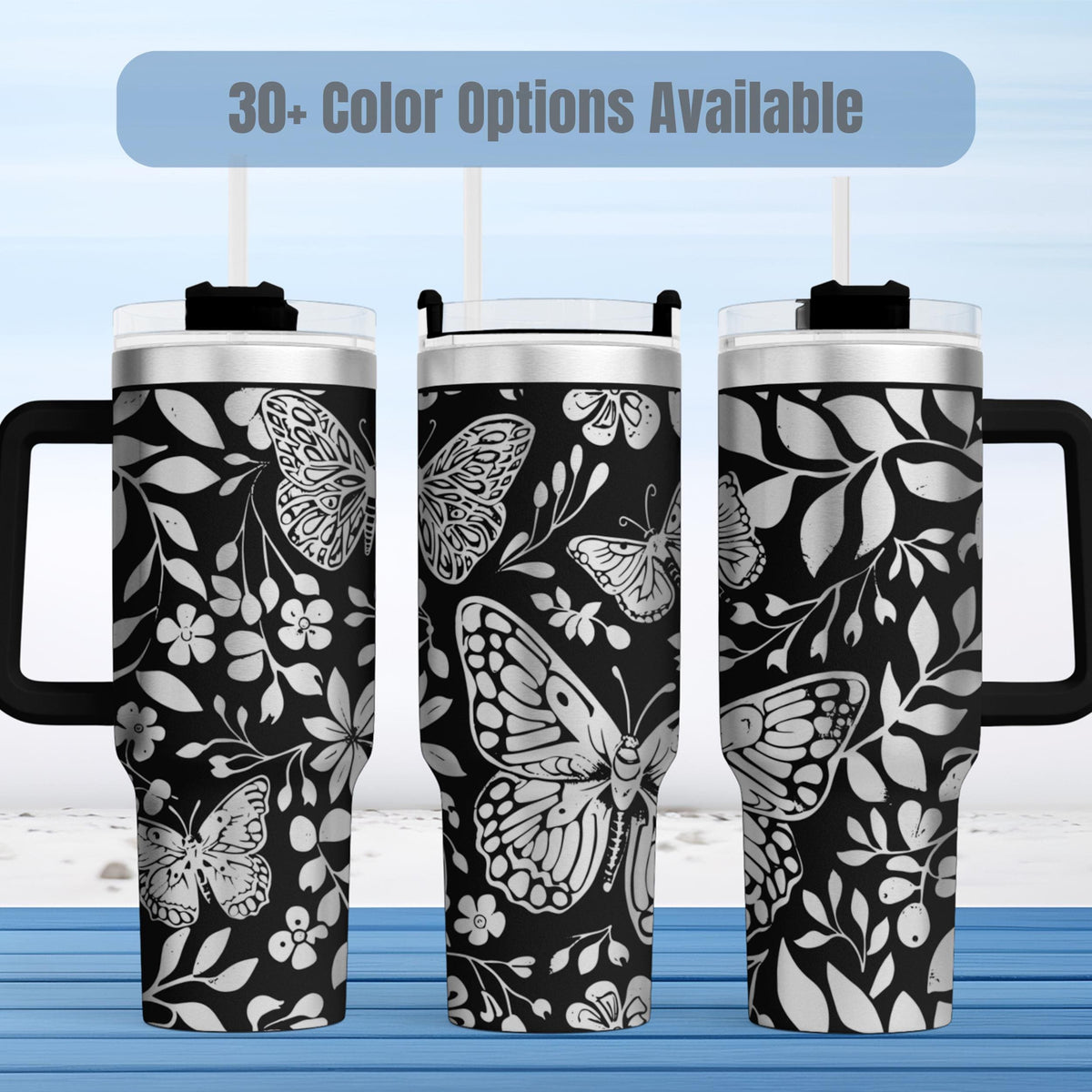 Insulated Butterfly Tumbler 40oz Stainless Steel Travel Mug Large Capacity Beverage Container Laser Engraved Nature Design Double Wall Insulation Keeps Drinks Hot Cold Perfect Outdoor Adventure Essential Daily Hydration Solution Leak