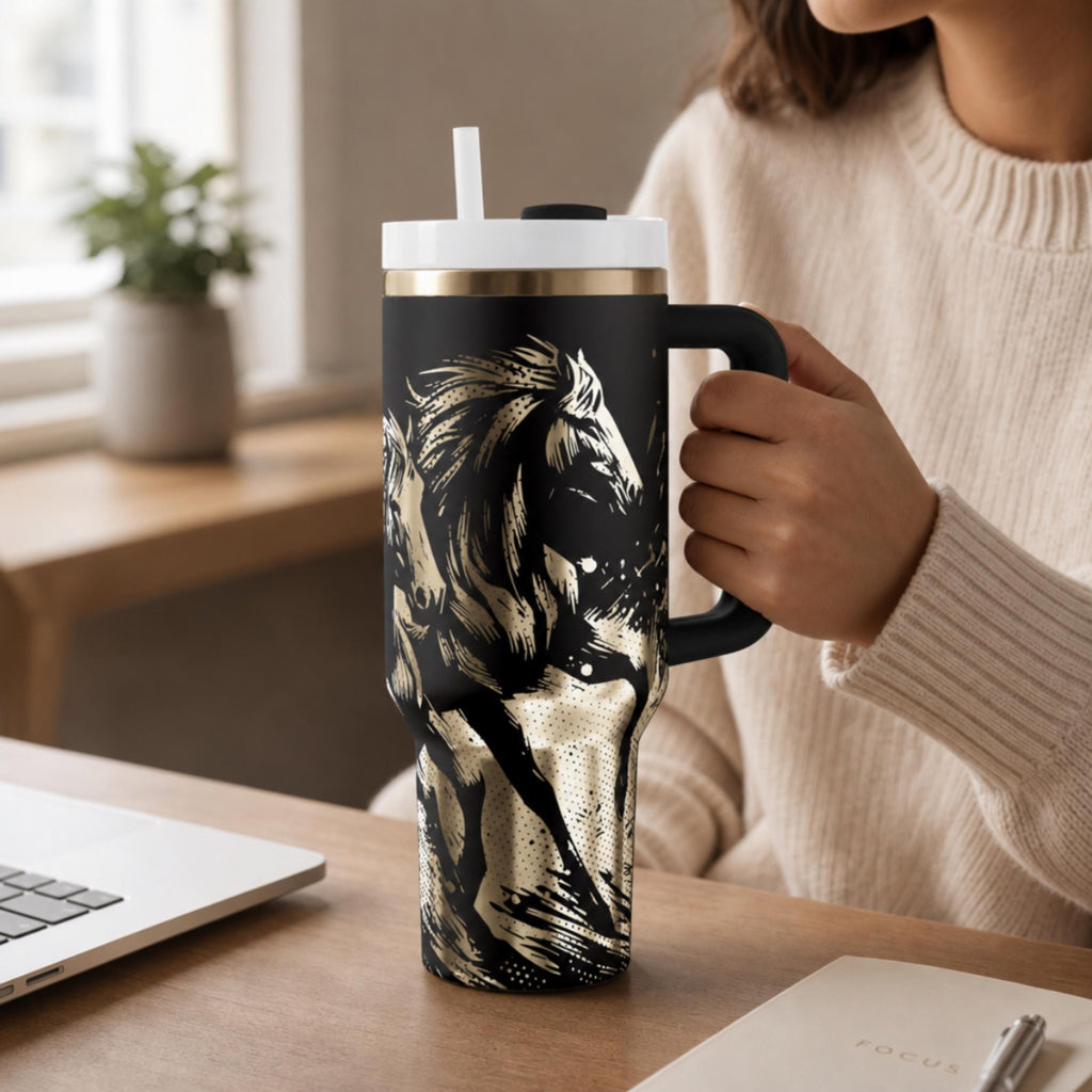 Travel Mug With Handle 40oz Insulated Tumbler Wild Horses Engraved Design Stainless Steel Construction Double Walled Drinkware Leak Resistant Lid Western Artwork Pattern Horse Lover Gift Ranch Work Essential Trail Riding Companion