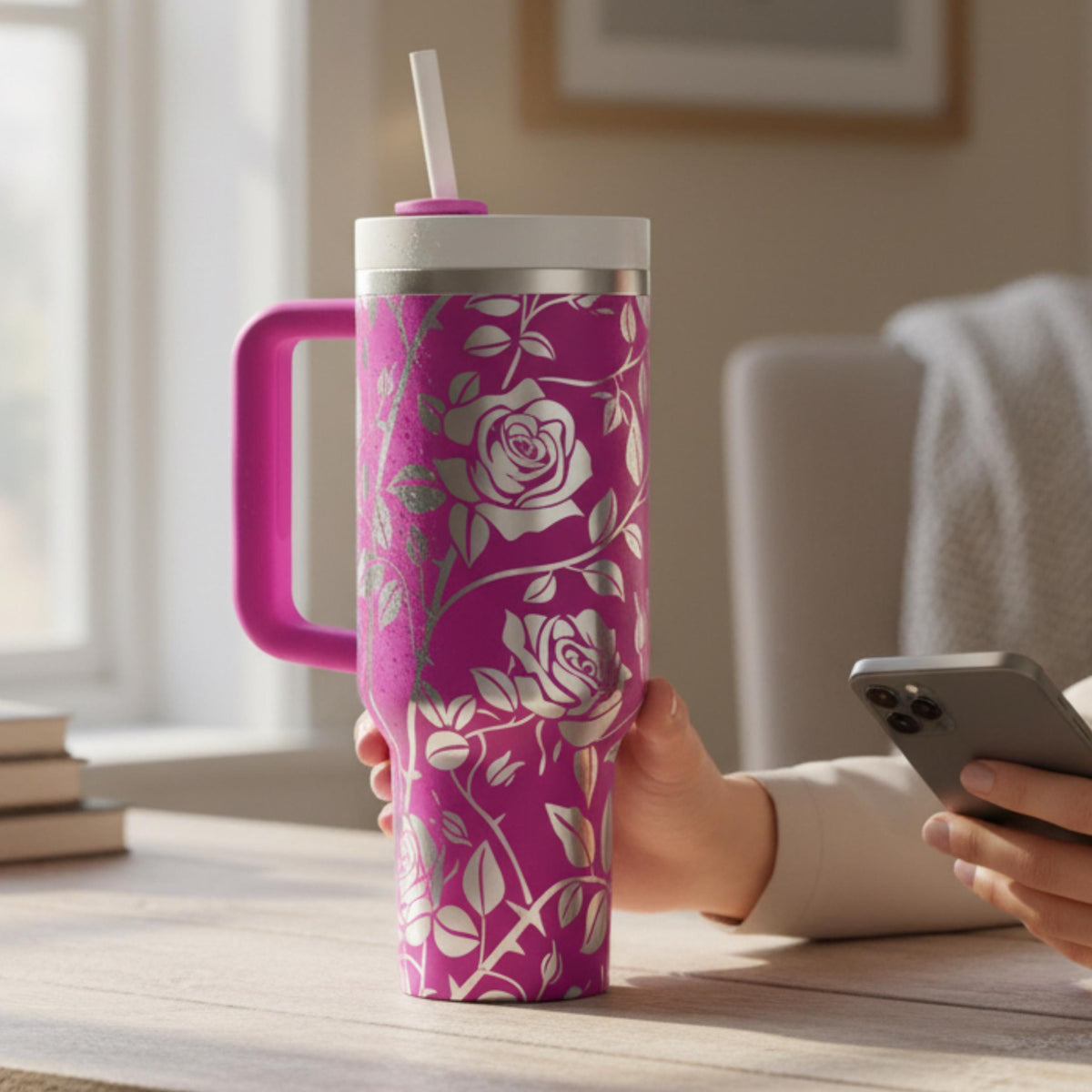 Black White Floral Tumbler 40oz Stanley Style Cup With Handle Straw Rose Pattern Design Insulated Stainless Steel Construction Double Wall Temperature Control Perfect Travel Mug Daily Commute Essential Botanical Artwork Engraved Details