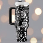 Large Capacity Tumbler 40oz Insulated Cup Rose Floral Design Black White Pattern With Handle Straw Lid Stainless Steel Double Wall Keeps Drinks Cold 12 Hours Hot 6 Hours Perfect Travel Mug Botanical Artwork Gift For Women Daily Hydration