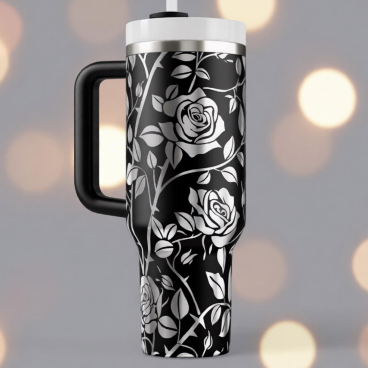 Large Capacity Tumbler 40oz Insulated Cup Rose Floral Design Black White Pattern With Handle Straw Lid Stainless Steel Double Wall Keeps Drinks Cold 12 Hours Hot 6 Hours Perfect Travel Mug Botanical Artwork Gift For Women Daily Hydration